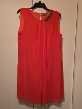 Embellished Coral Sleeveless Shift Dress